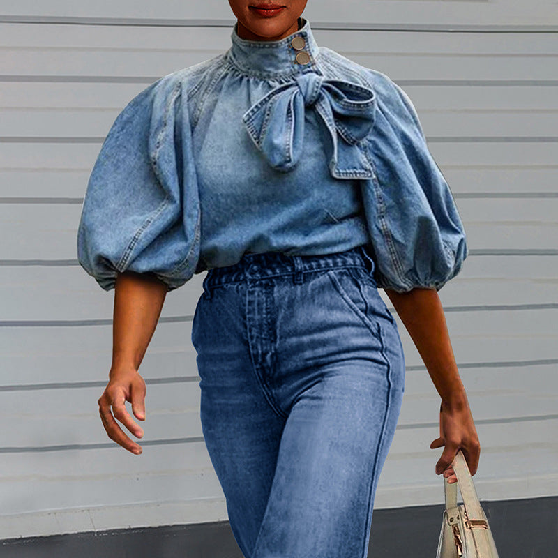 Denim Stand-Collar Puff Bow Blouse 1