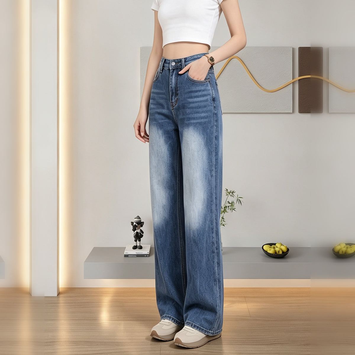 Light Wash Wide Leg Denim Trousers 4