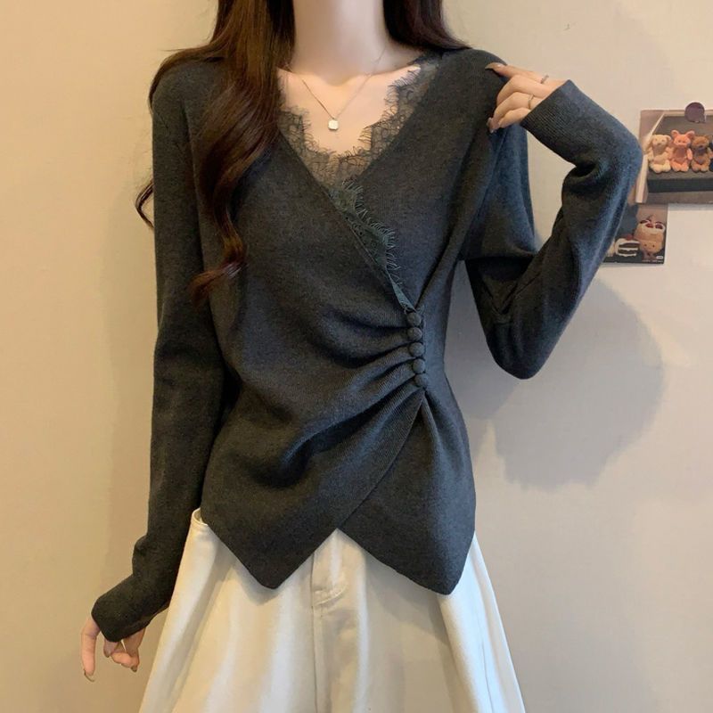 Charcoal Lace-V Asymmetric Wrap Top 1