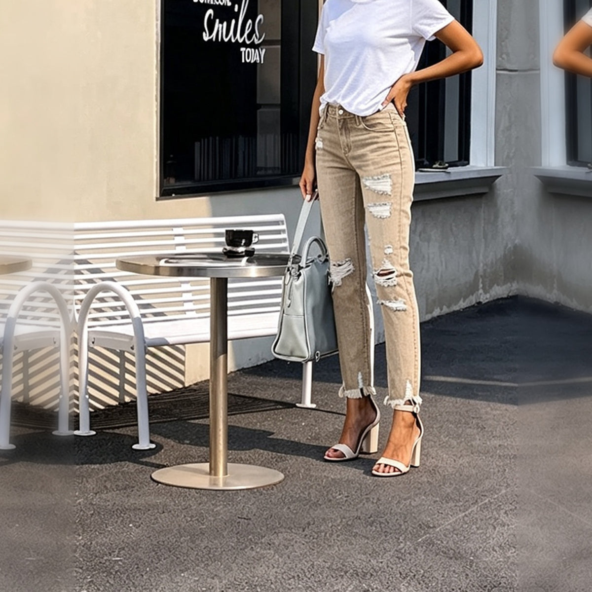 Khaki Ripped Straight Jeans 1