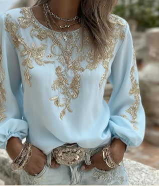 Lilac Rose-Embroidered Puff-Sleeve Top — Light blue