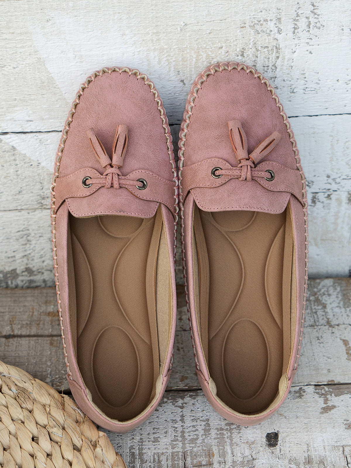 Pink tassel loafer, top view