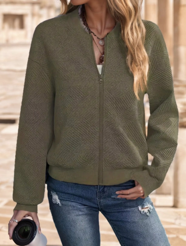 Olive Quilt-Texture Zip Jacket 1