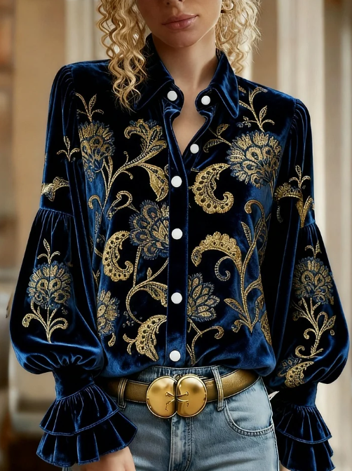Chocolate Scroll Velvet Blouse — 2style