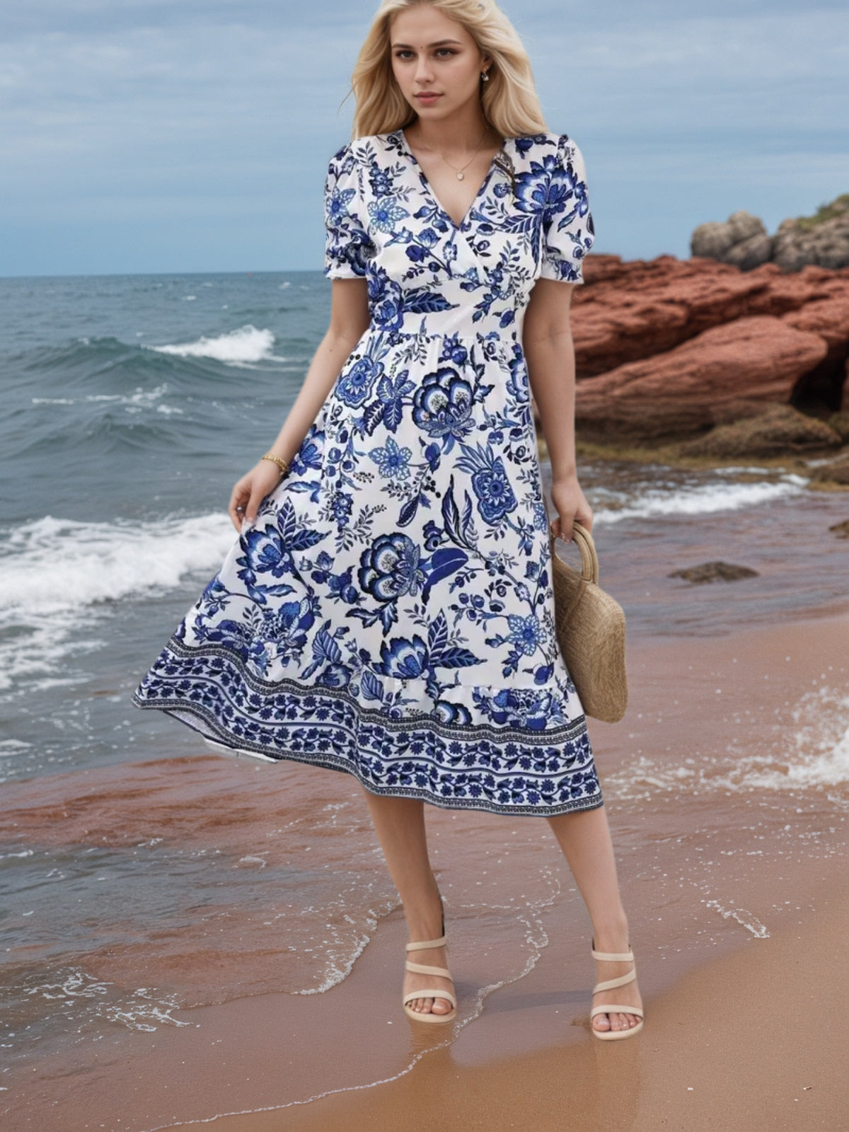 Blue Floral V-Neck Dress 3