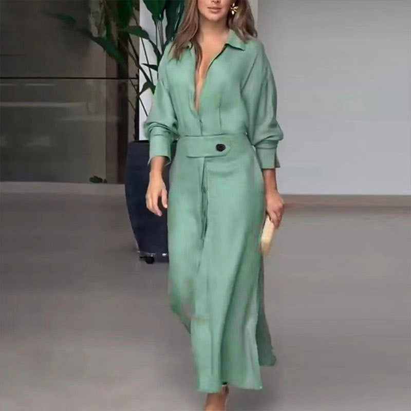 Tied Solid Color Long-sleeved Shirt Dress 4