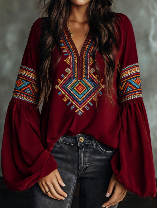 Burgundy Geometric Embroidery Bell Sleeve Top 1