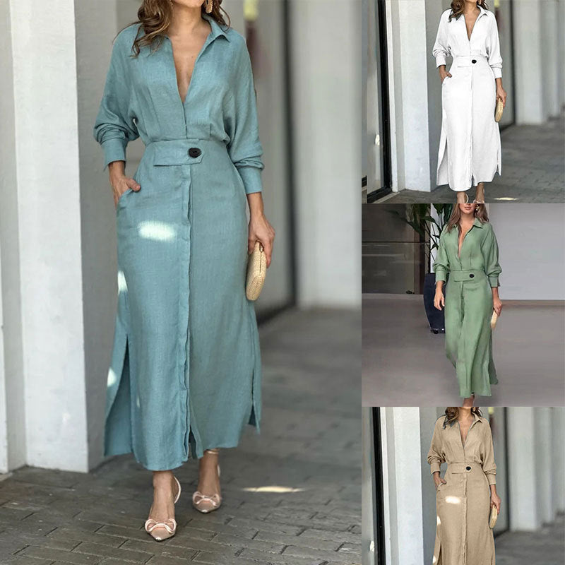 Tied Solid Color Long-sleeved Shirt Dress 5