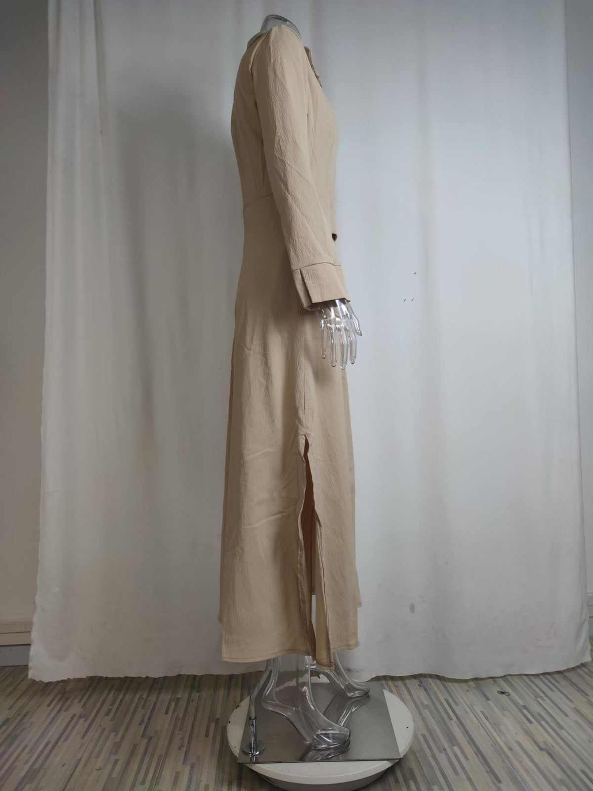 Tied Solid Color Long-sleeved Shirt Dress 6