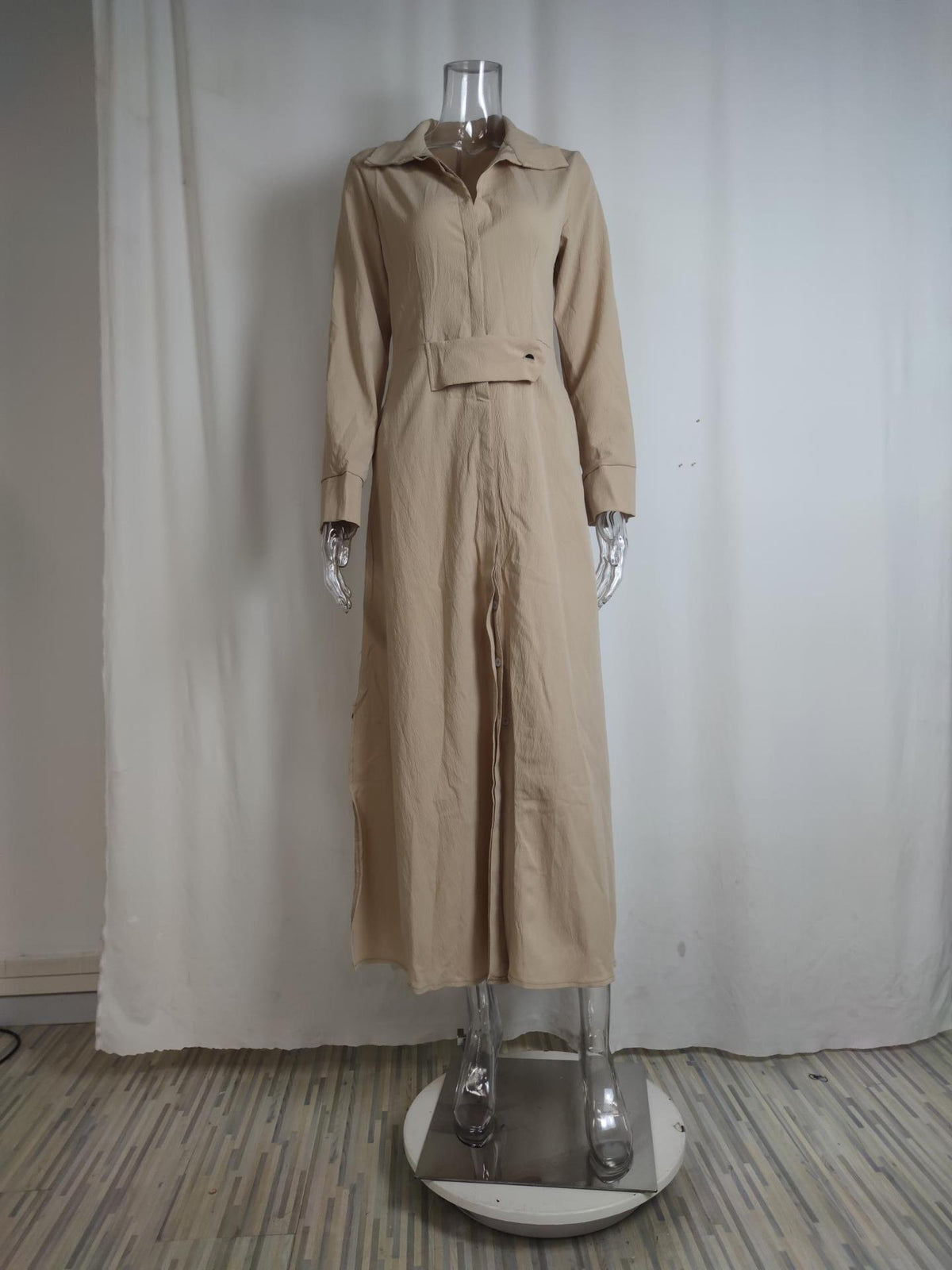 Tied Solid Color Long-sleeved Shirt Dress 7