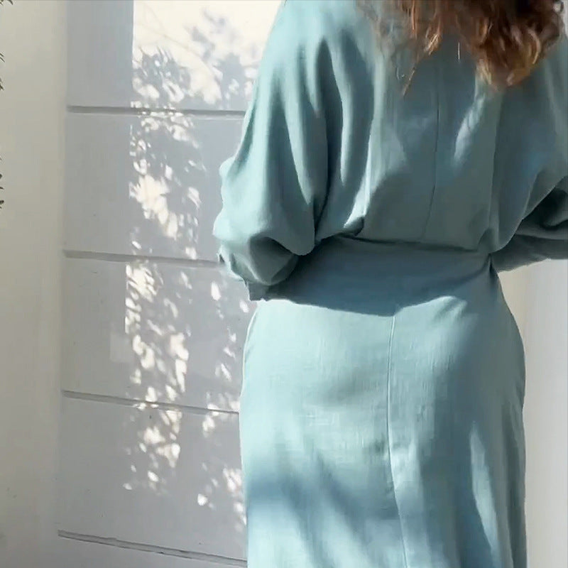 Tied Solid Color Long-sleeved Shirt Dress 10