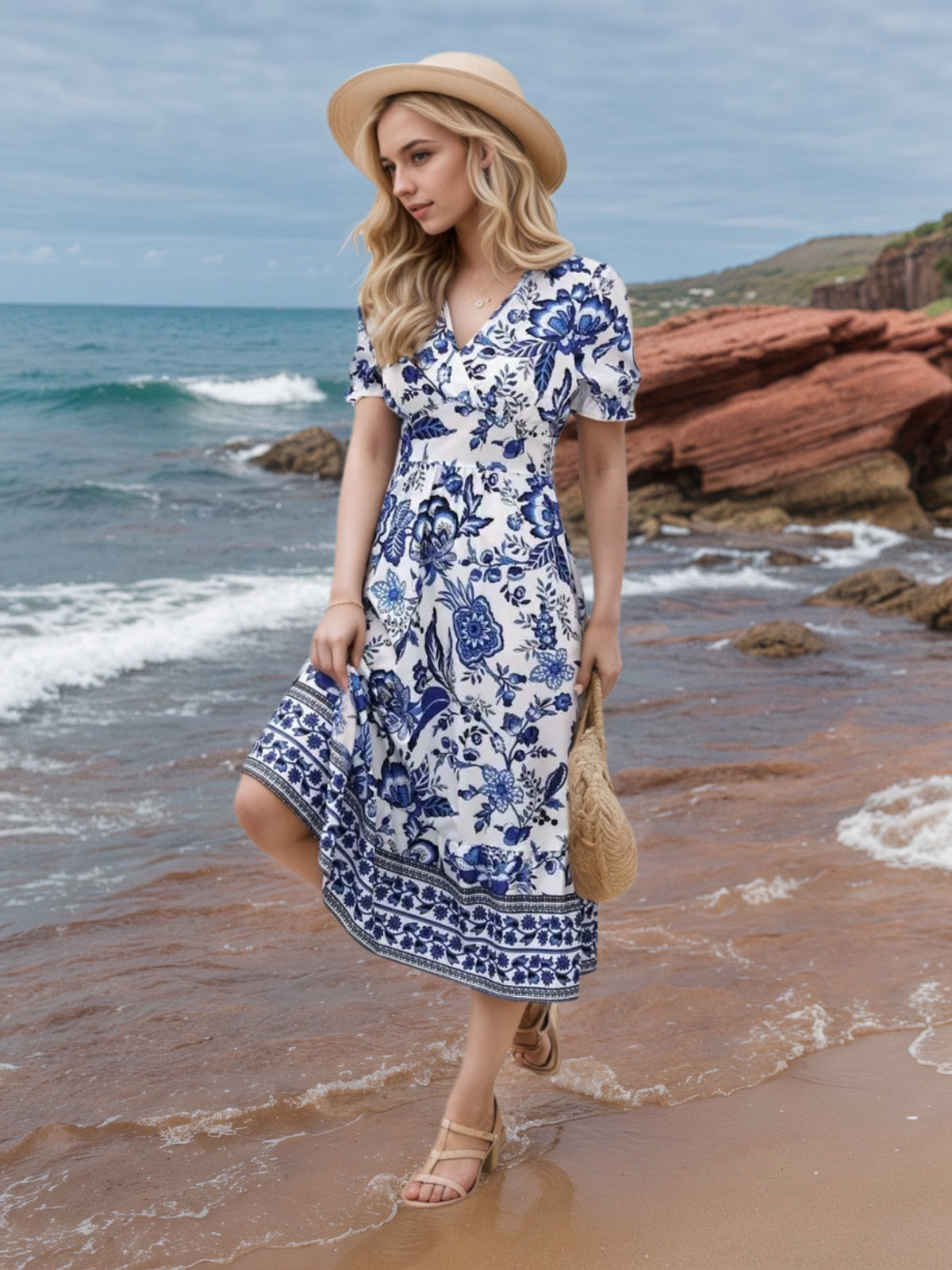 Blue Floral V-Neck Dress 4