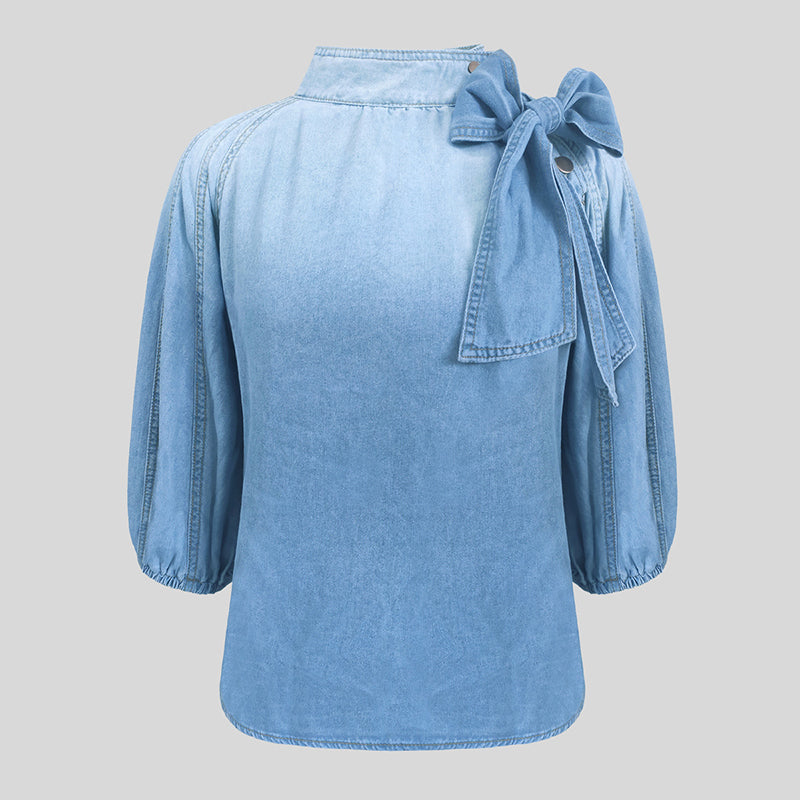 Denim Stand-Collar Puff Bow Blouse 7