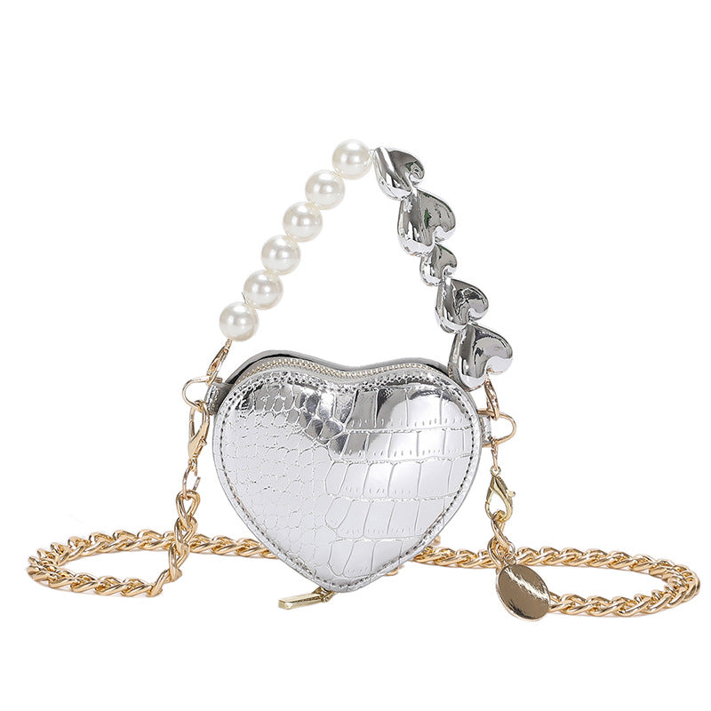 Pearl Heart Lipstick Bag — Silver