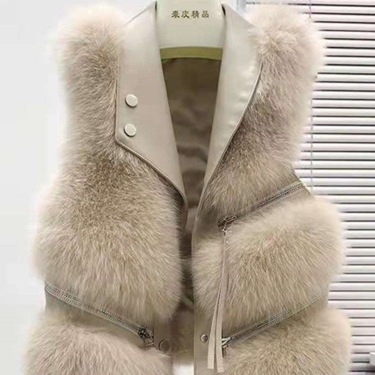 Cream Leather Fur-Tier Zip Vest 1