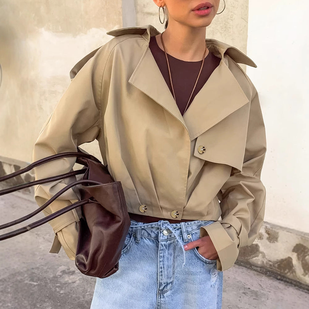 Khaki Double-Breasted Crop Trench 1