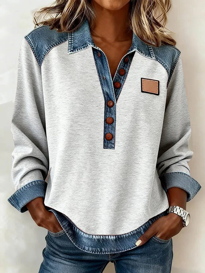 Cream Contrast-Panel Collar Henley — 2style