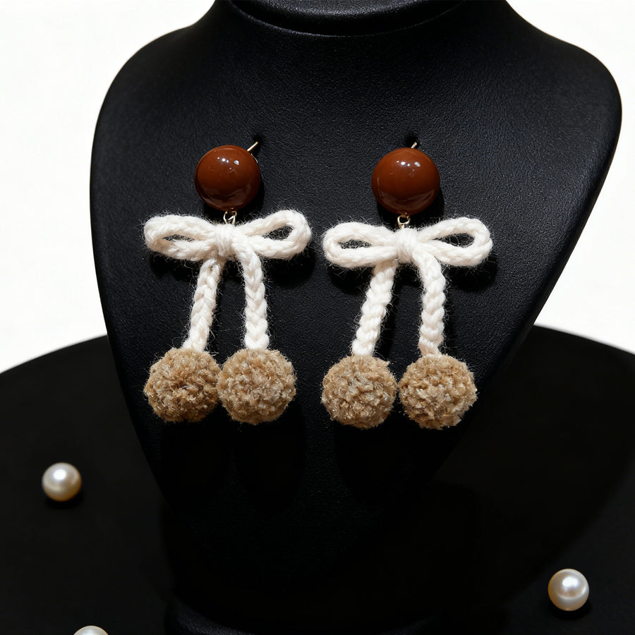 Knit Bow Pom Earrings 1
