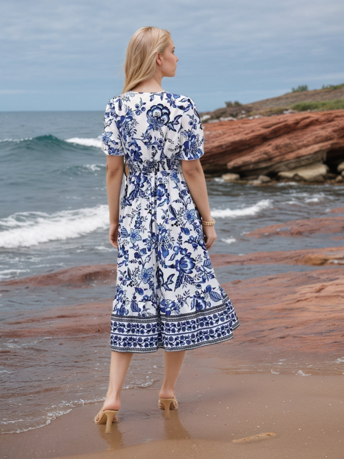 Blue Floral V-Neck Dress 5