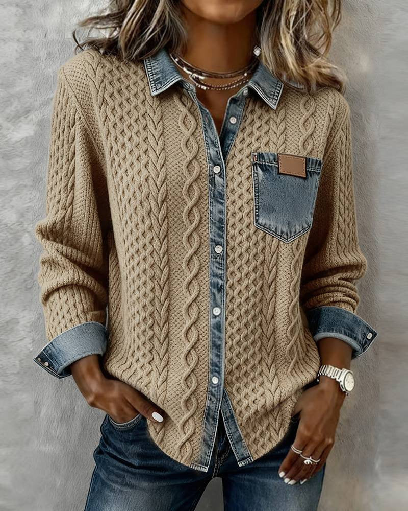Cable-Knit Denim Collar Shirt — Camel