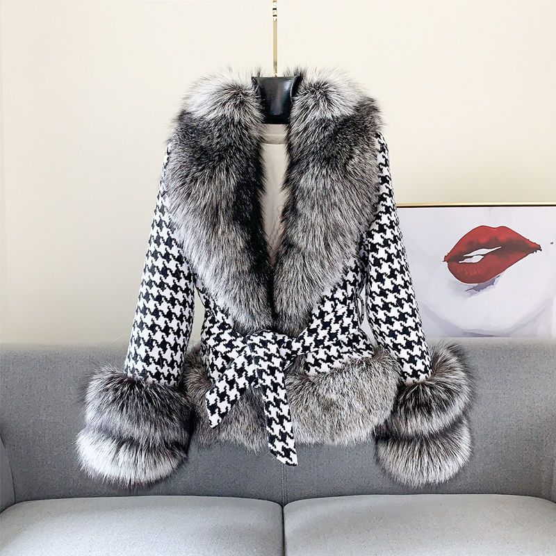 Houndstooth Silver Fox Fur Wrap Coat 1