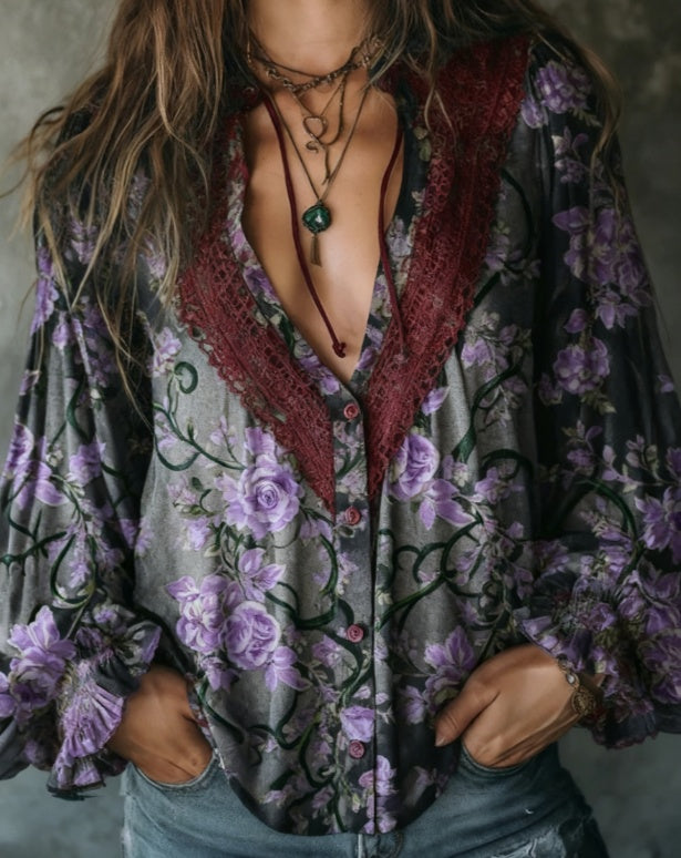 Lilac Floral Lace-V Blouse 1