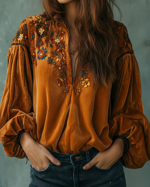 Ochre Velvet Floral Embroidered Blouse 1