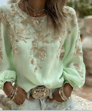 Lilac Rose-Embroidered Puff-Sleeve Top — Green
