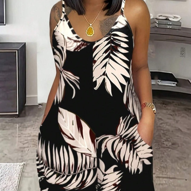 Black Palm-Leaf Sleeveless Jumpsuit 1