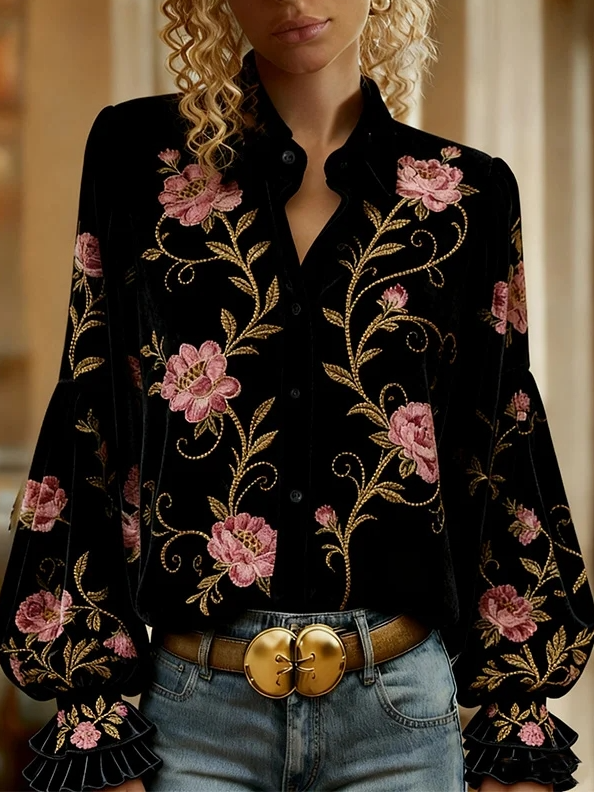 Chocolate Scroll Velvet Blouse — 5style