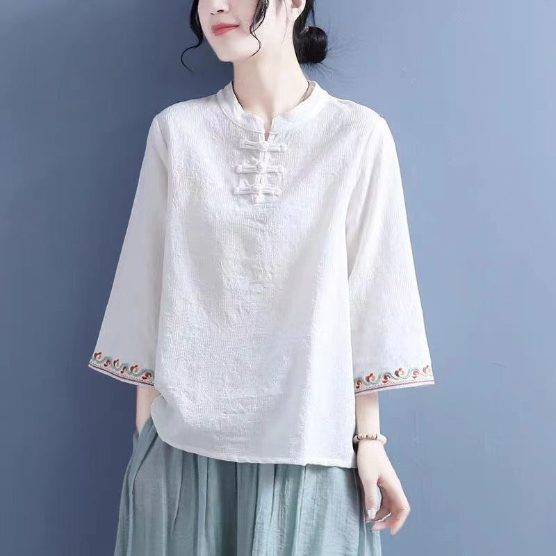Frog-Button Embroidered Bell Shirt 1