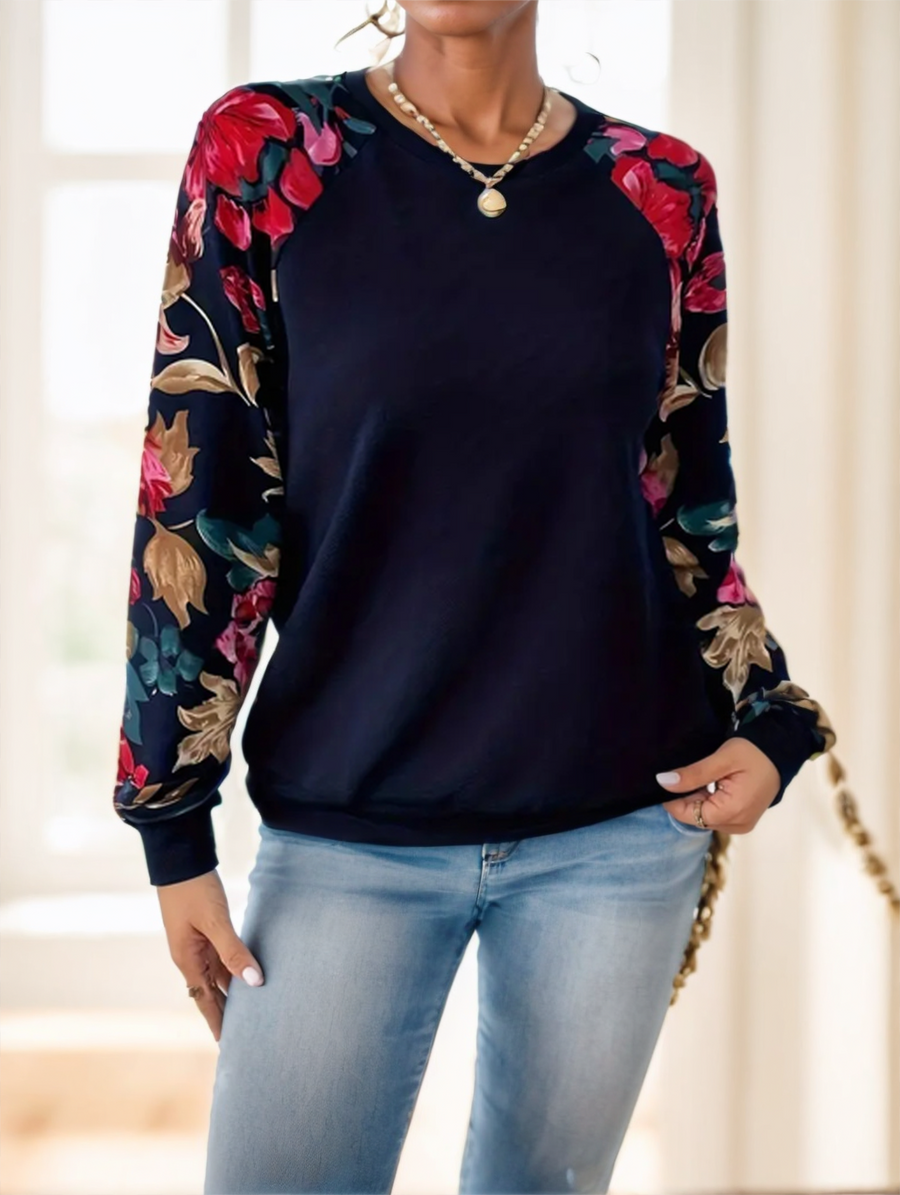 Floral-Sleeve Raglan Sweatshirt — Navy Blue