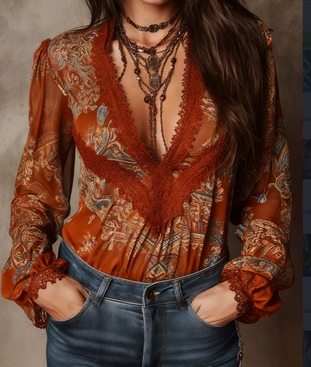 Rust Paisley Lace-V Blouse 1