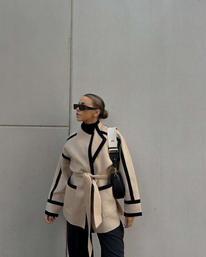 Contrast Trim Belted Coat 5