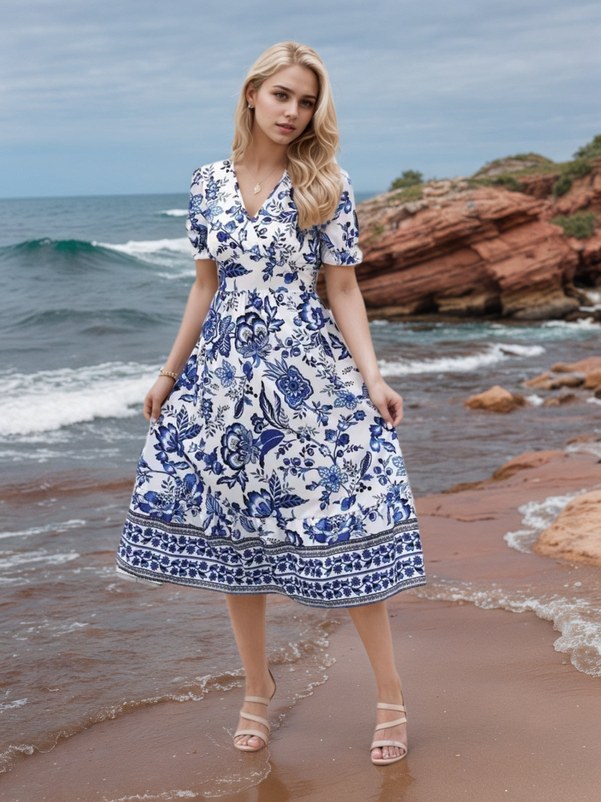 Blue Floral V-Neck Dress 2