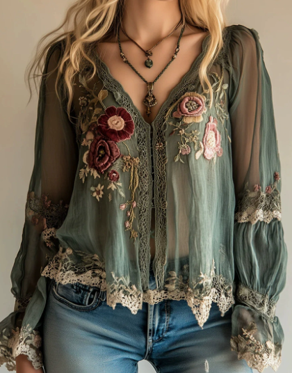 Sage Lace Floral Embroidery Blouse 1