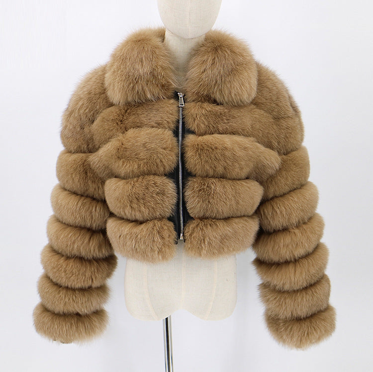 Camel cropped faux-fur jacket