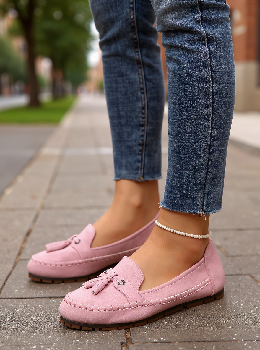 Pink tassel loafer on foot