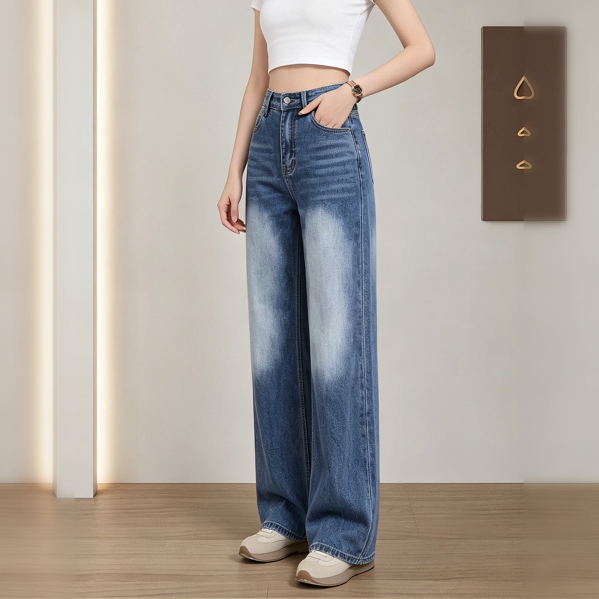 Light Wash Wide Leg Denim Trousers 5
