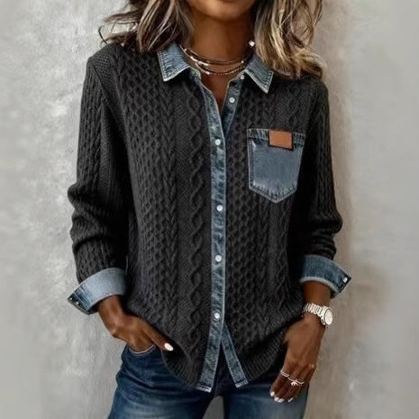 Cable-Knit Denim Collar Shirt 1