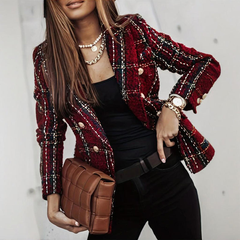 Red Plaid Bouclé Double-Breasted Blazer 1
