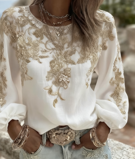 Lilac Rose-Embroidered Puff-Sleeve Top 6