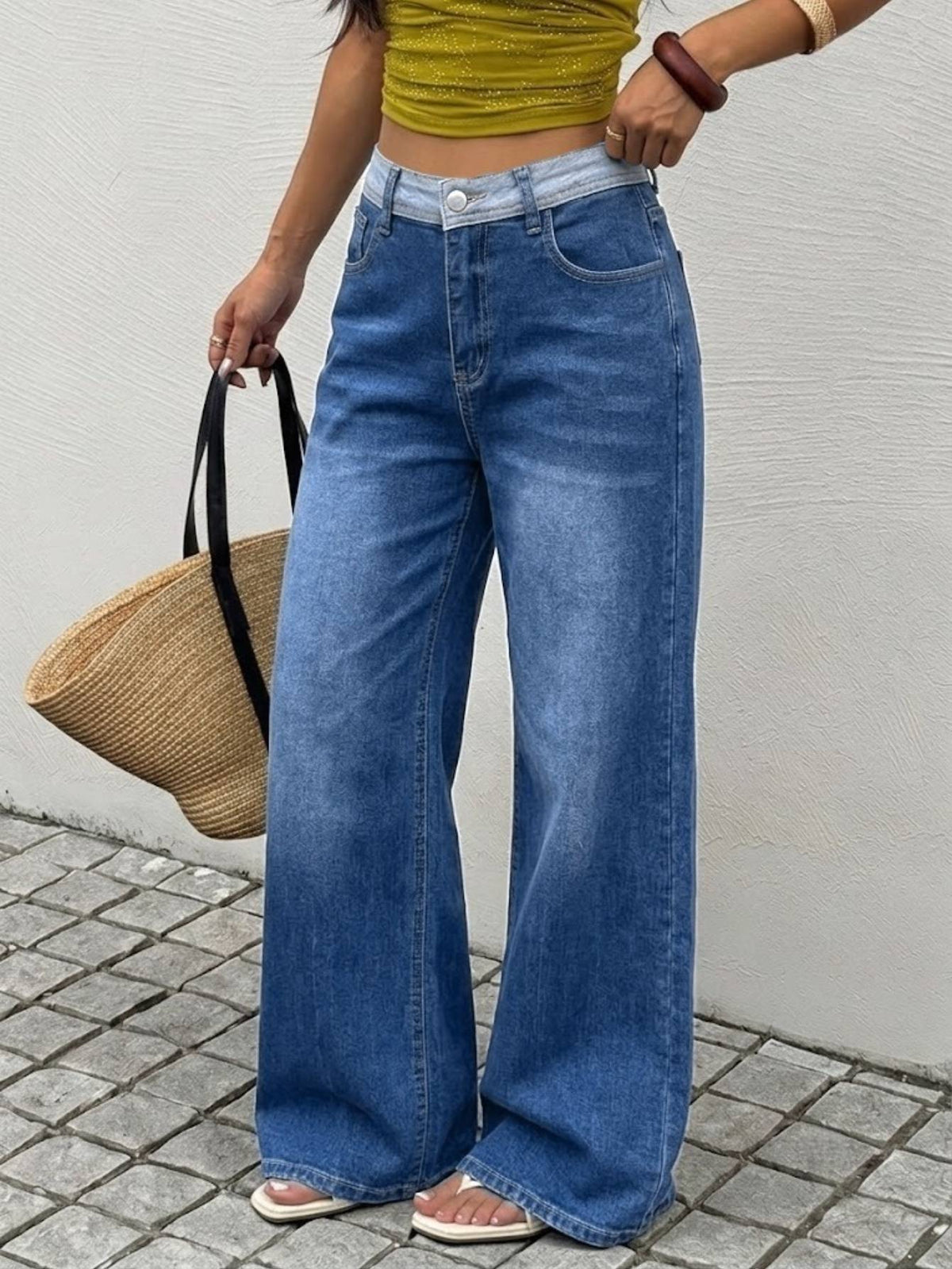 Contrast-Waist Wide-Leg Jeans 1