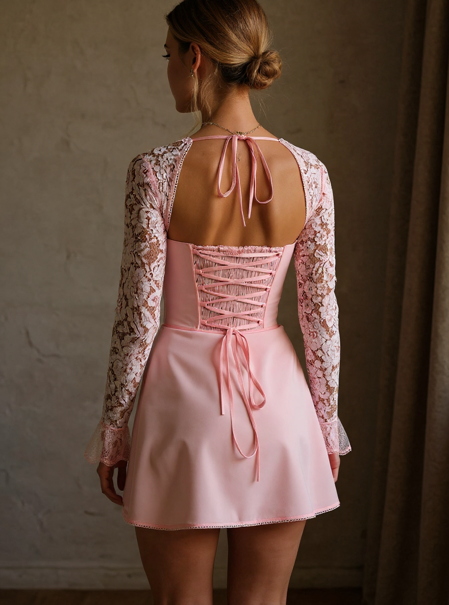 Lace-corset bell-sleeve mini — open back