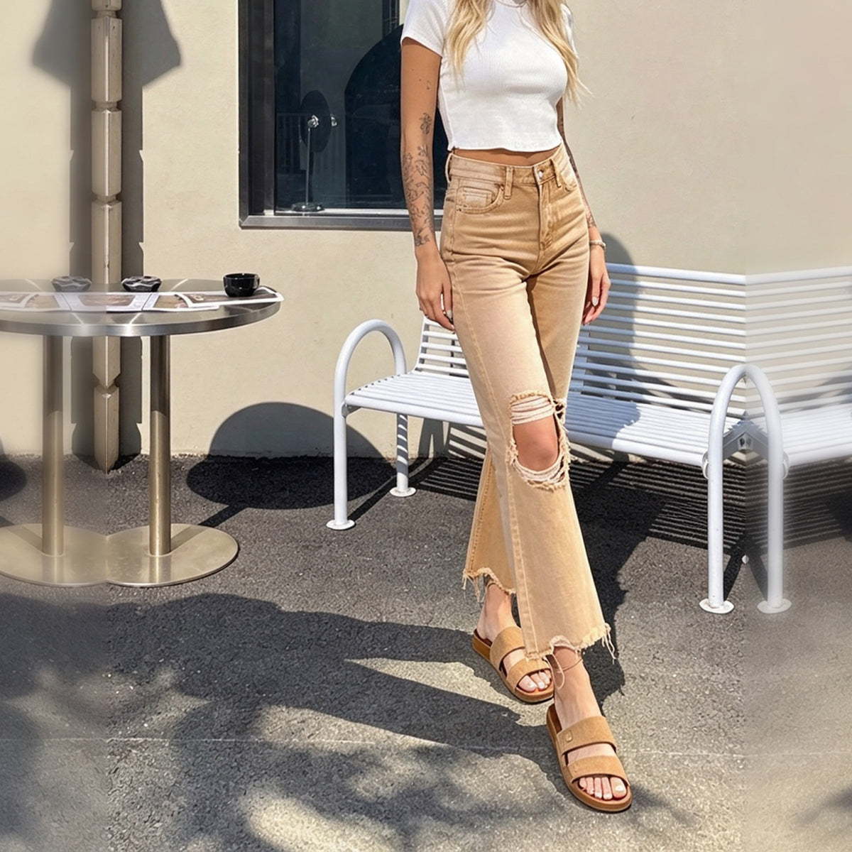 Khaki Distressed Flare Jeans 1