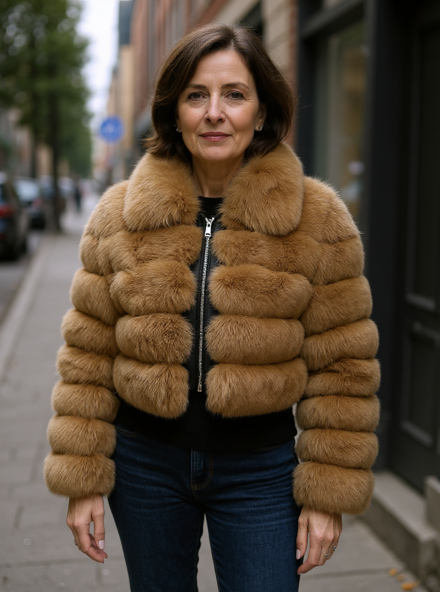 Cropped camel faux-fur jacket, worn