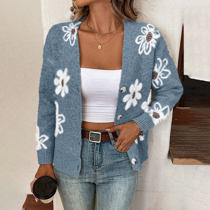 Oversized Daisy Knit Cardigan — Lake Blue