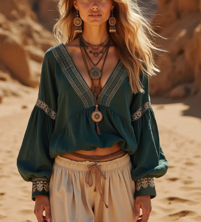 Teal Lace-Trim Embroidery Peasant Top 1