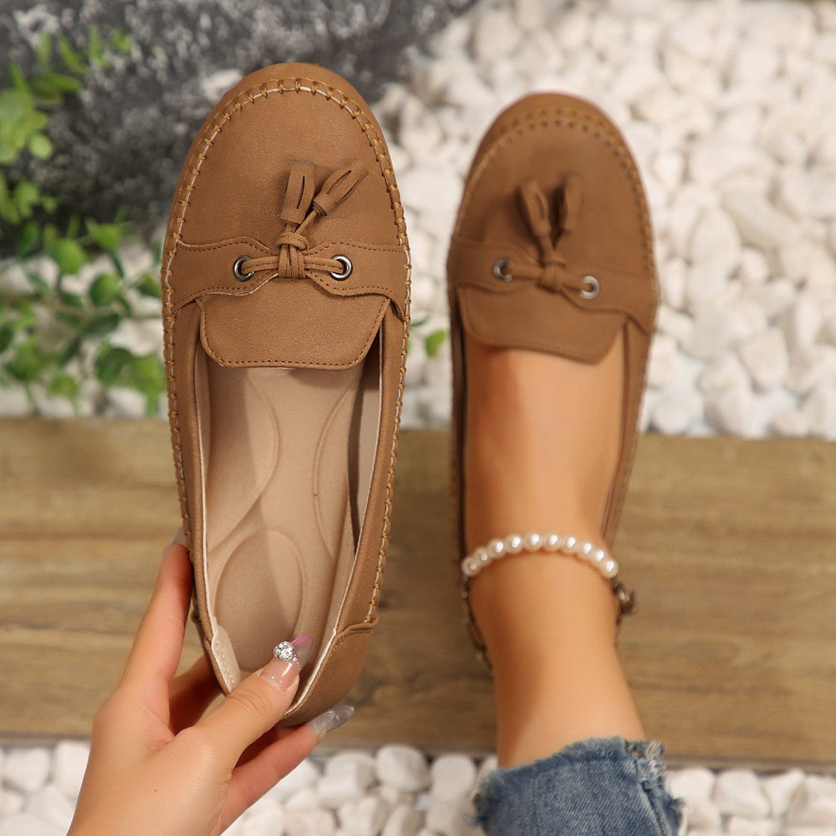 Brown tassel loafer, top view