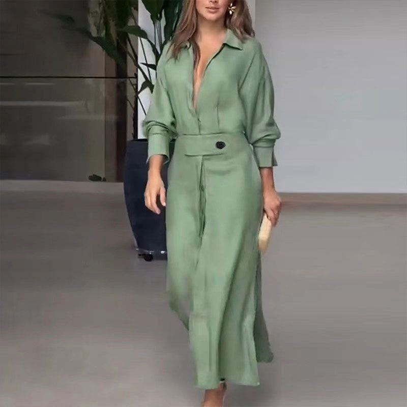Tied Solid Color Long-sleeved Shirt Dress 9